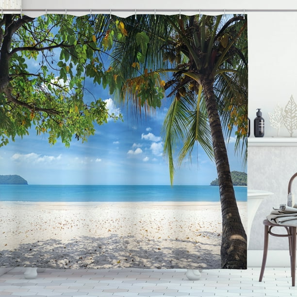 Green Sky Blue White 24 x 72 Palm Leaves and Tropical Beach Coastline Seashore Vacation Theme Photo Floor Mat Ocean Runner Rug 